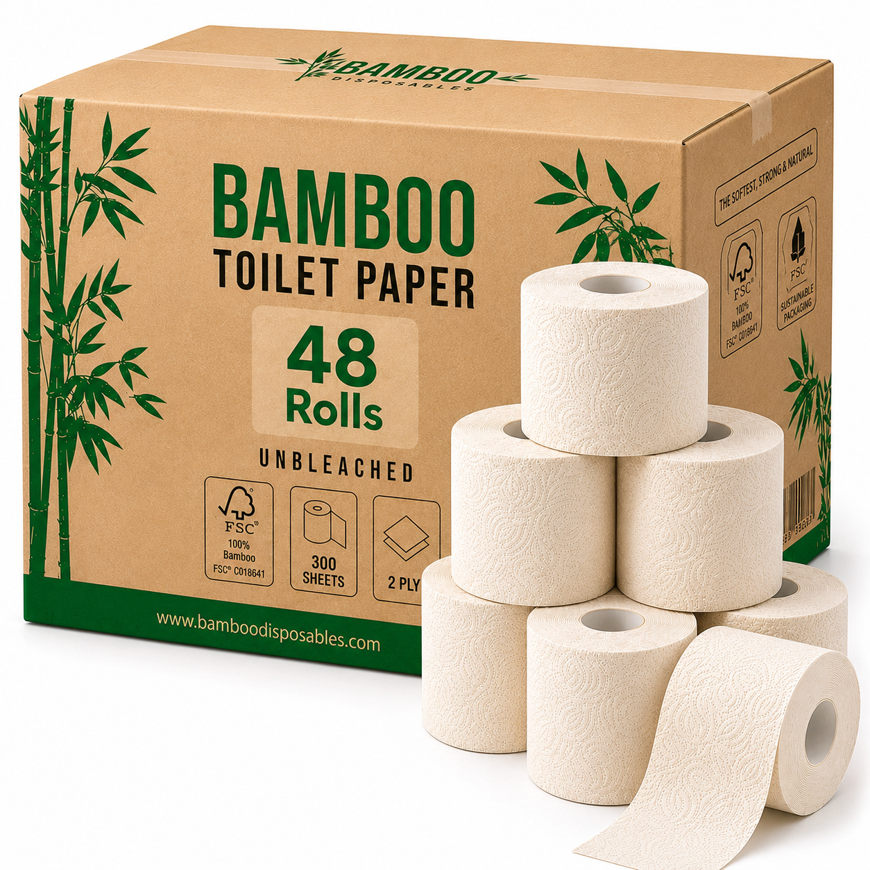 Doos met 48 rollen ongebleekt bamboe toiletpapier voor verbruiksberekening