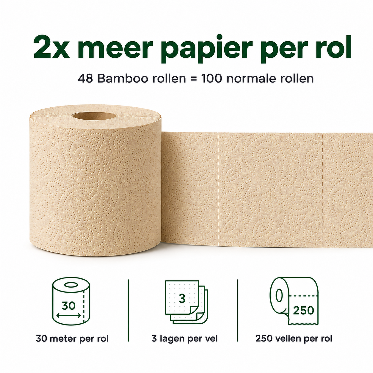 3-laags Ongebleekt Bamboe Toiletpapier – 48 Rollen