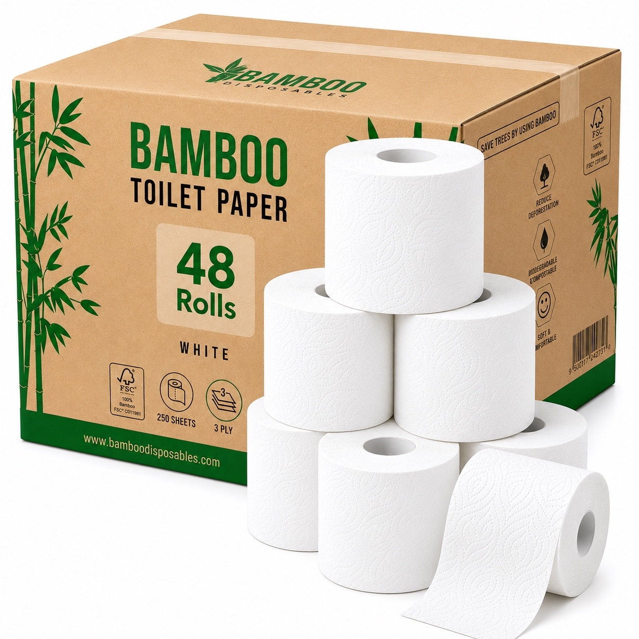 3-laags premium bamboe toiletpapier, doos met 48 witte rollen